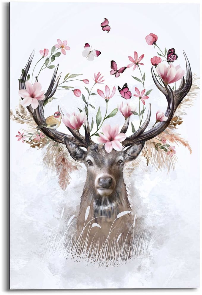 Schilderij Hert in Bloemen - 90 x 60 - Hout - REINDERS