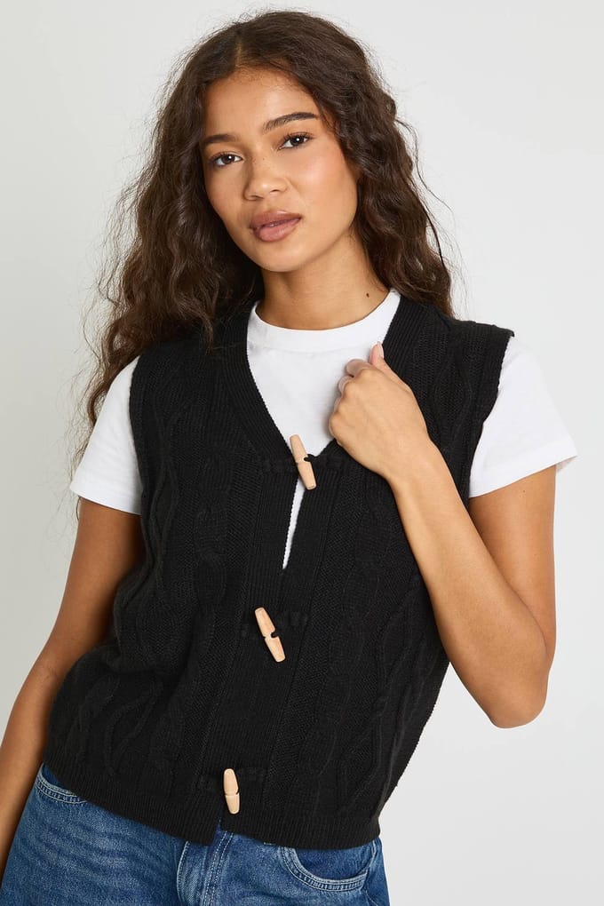 boohoo Dames Kabelgebreid vest met toggle-knopen | Black | Maat: Small