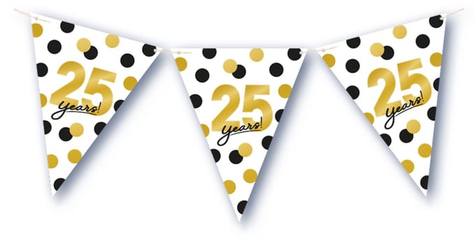 BTH – 25 Jaar Vlaggenlijn – Wit-Zwart-Goud – 6 m Verjaardag Decor – 25 Jaar Celebration Feest Versiering – Slinger