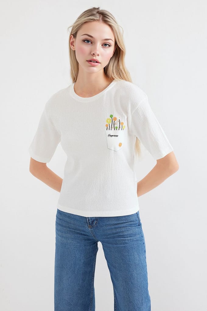 Geprinte T-Shirt met Borduursel en Ronde Hals
