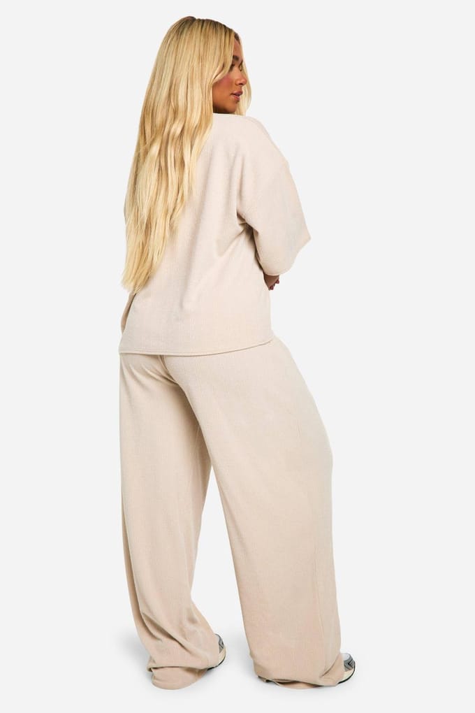 boohoo Dames Plus T-shirt & Wijde Broek Co-ord | Stone | Maat: 16