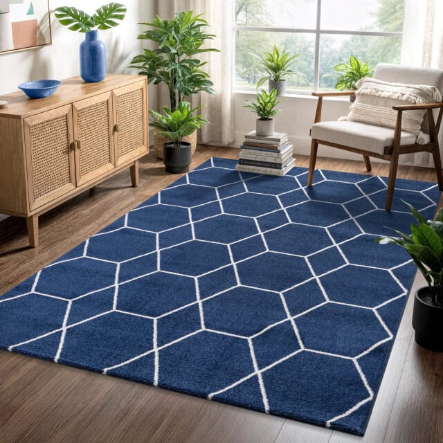 Muratap Trellis uni effen laagpolig vloerkleed modern navy- 80x150 cm