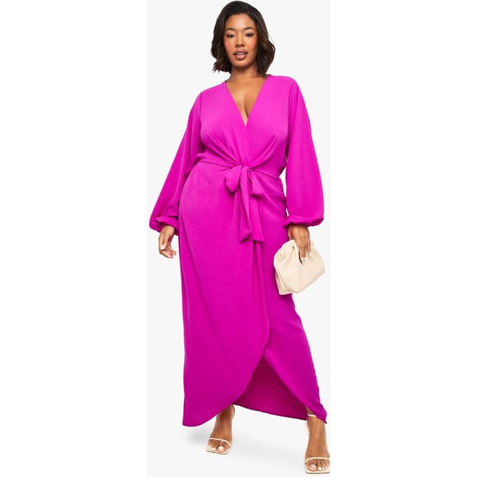 boohoo Dames Plus Textured Maxi-jurk met binddetail | Fuchsia | Maat: 48