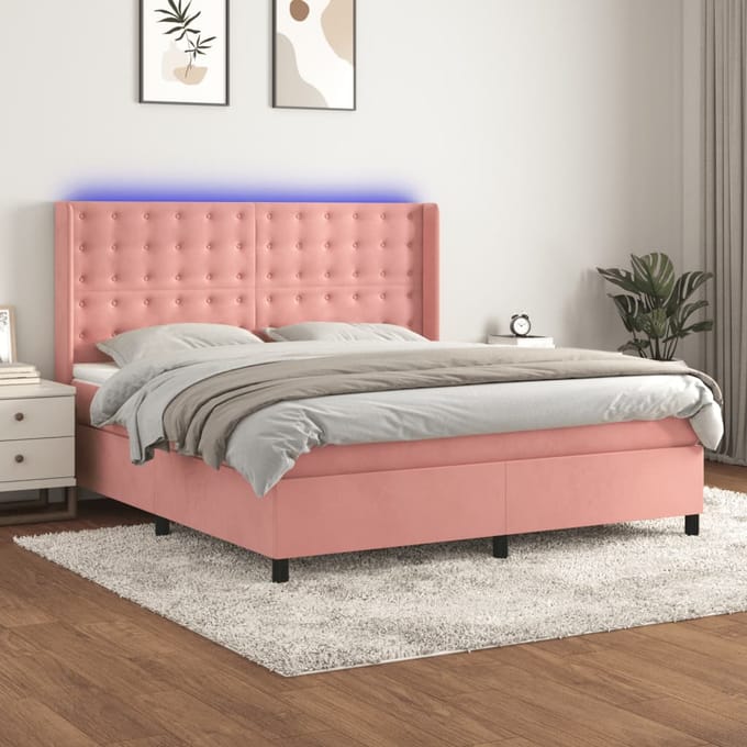 vidaXL - Boxspring - met - matras - en - LED - fluweel - roze - 180x200 - cm