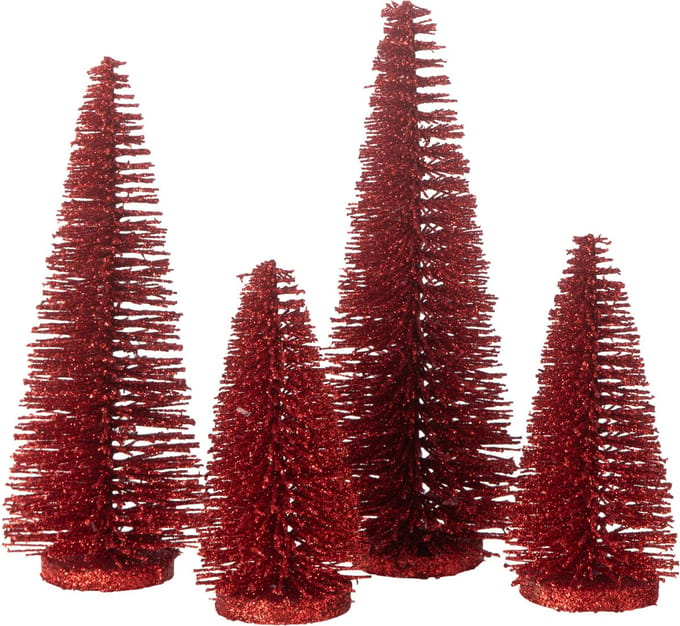 J-Line decoratie Kerstboom Glitter - kunststof - rood - doos van 4