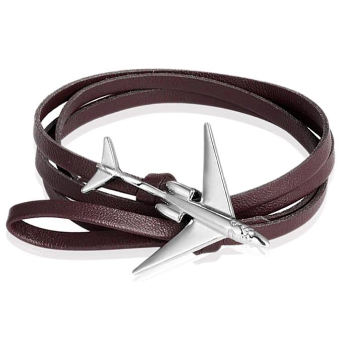 Wrap armband Heren Leer Vliegtuig Anker Bruin Zilverkleurig