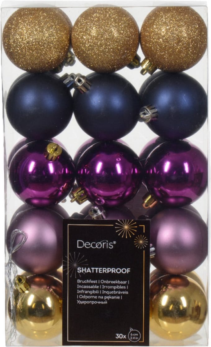Decoris kerstballen - 30x - 6 cm -kunststof - goud/blauw/paars