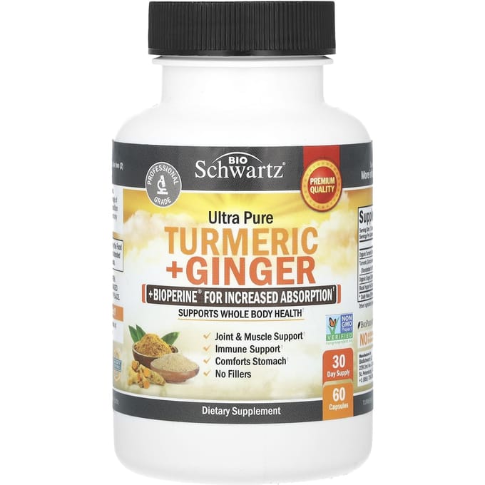 Ultra Zuivere Kurkuma + Gember + Bioperine Verbeterde Opname, 60 Capsules
