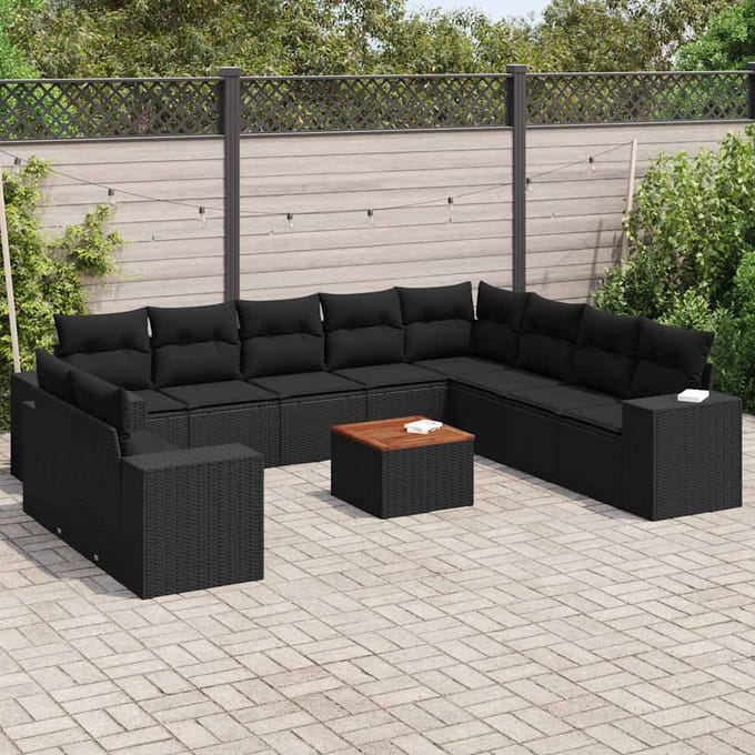 vidaXL - 11-delige - Loungeset - met - kussens - poly - rattan - zwart