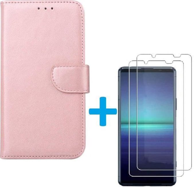 hoesje Geschikt voor: Sony Xperia 5 II book case rose goud met 2 stuks Glas Screen protector