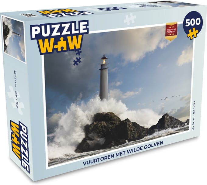 Puzzel Vuurtoren met wilde golven - Legpuzzel - Puzzel 500 stukjes