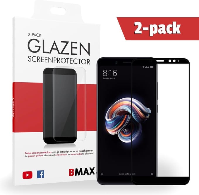 2-pack BMAX geschikt voor Redmi Note 5 Screenprotector Full Cover Glas / Dekt het volledige scherm! / Beschermglas / Tempered Glass / Glasplaatje