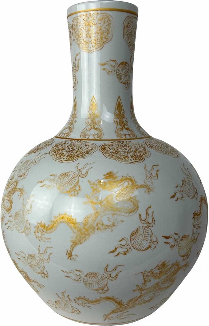 Fine Asianliving Chinese Vaas Wit Draken Goud Handgemaakt D41xH57cm
