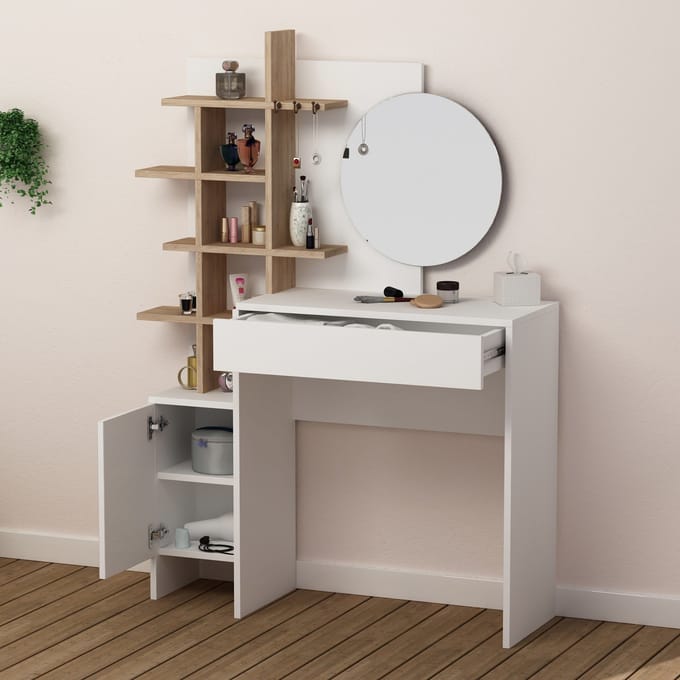 Mup Make-uptafel | 100% MELAMINE | Wit, Eiken - Emob - Make-up Tafel - Wit - Spaanplaat