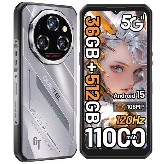 OUKITEL WP62 5G Téléphone Portable 48Go+512Go/2TO 11000mAh Écran 6.6  108MP Android 15 Smartphone Incassable Double SIM/NFC Argent