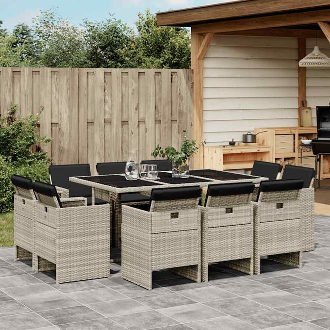 vidaXL - 11-delige - Tuinset - met - kussens - poly - rattan - lichtgrijs