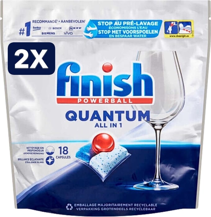 2 x Finish Powerball - Quantum All in 1 - Vaatwastabletten - Stralende Glans - 18 Tabletten