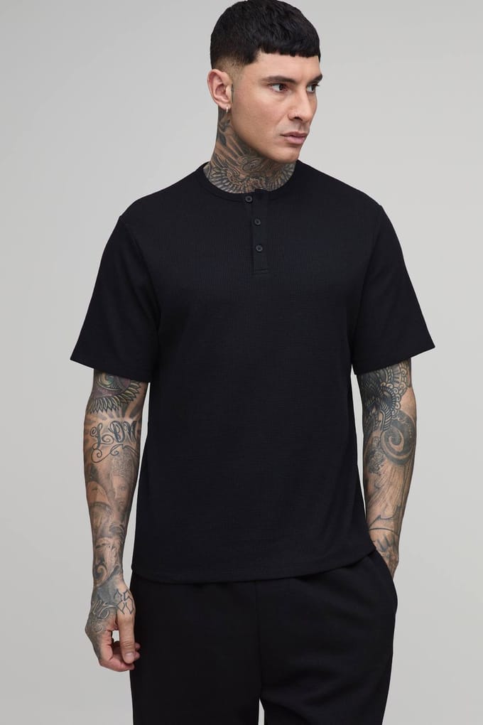 Tall Regular Fit Waffle Henley T-Shirt | Black | Size Small