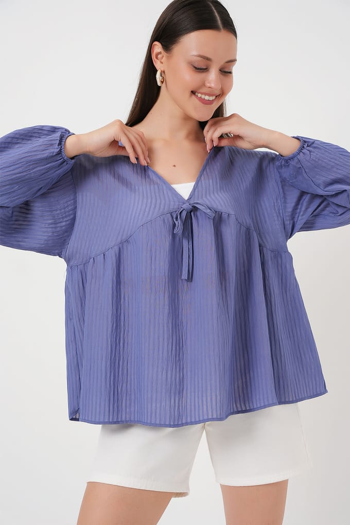 Gestructureerde Seersucker V-hals Blouse met Strik