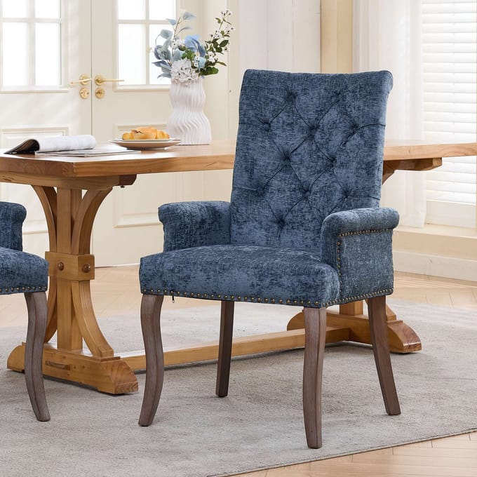 Sweiko Eetkamerstoel - Fauteuil - Chenille - Gebogen massief houten poten - Blauw