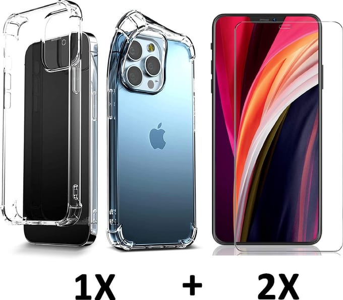 HB Hoesje Geschikt voor Apple iPhone 13 Pro Max - Transparant / 2X Glazen Screenprotector - Extra Stevig Anti-Shock Hybrid Back Cover