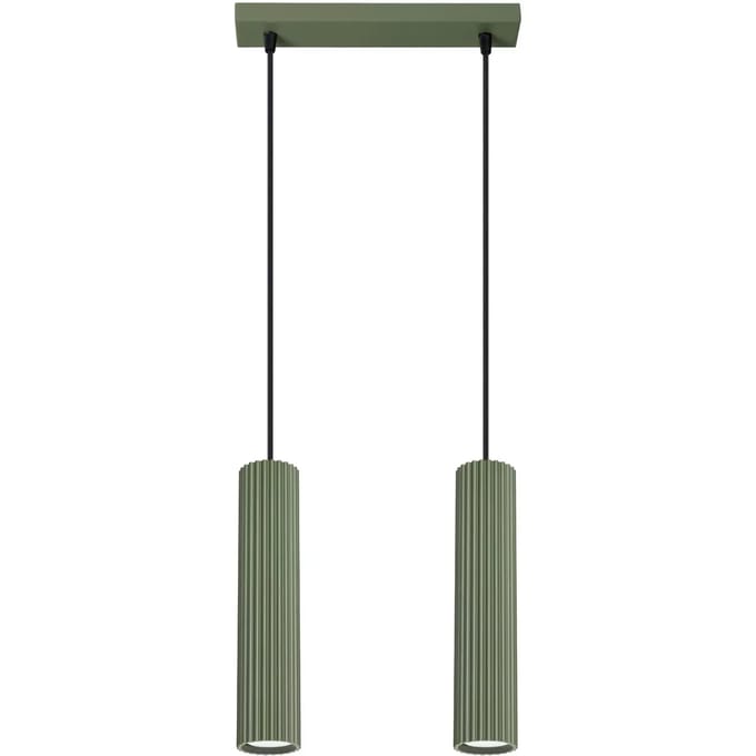 Hanglamp KARBON 2 met 2 geribbelde buiskappen in lijn - Sollux Lighting - IP20 - Olijfgroen aluminium behuizing - 30 x 6.5 x 90 cm - 2 x GU10 LED, exclusief lichtbron - 2 x 10 W - Minimalistische hanglamp voor gang, hal en slaapkamer