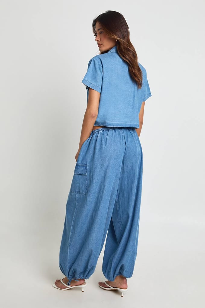 boohoo Dames Chambray Ballonbroek | Medium Gebleekt | Maat: 36
