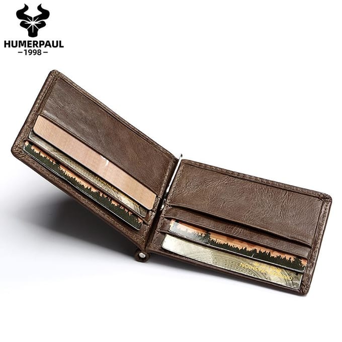 HUMERPAUL Herenportemonnee Leer Lichtgewicht Bi-fold Geldclip Slanke Modeportemonnee M bruin