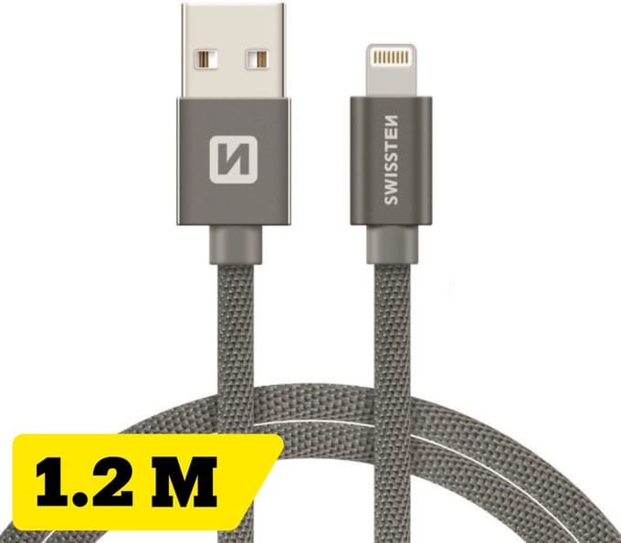Swissten Lightning Oplaadkabel 1,2 meter – voor iPhone & iPad – Gevlochten Nylon USB-A Kabel – Grijs