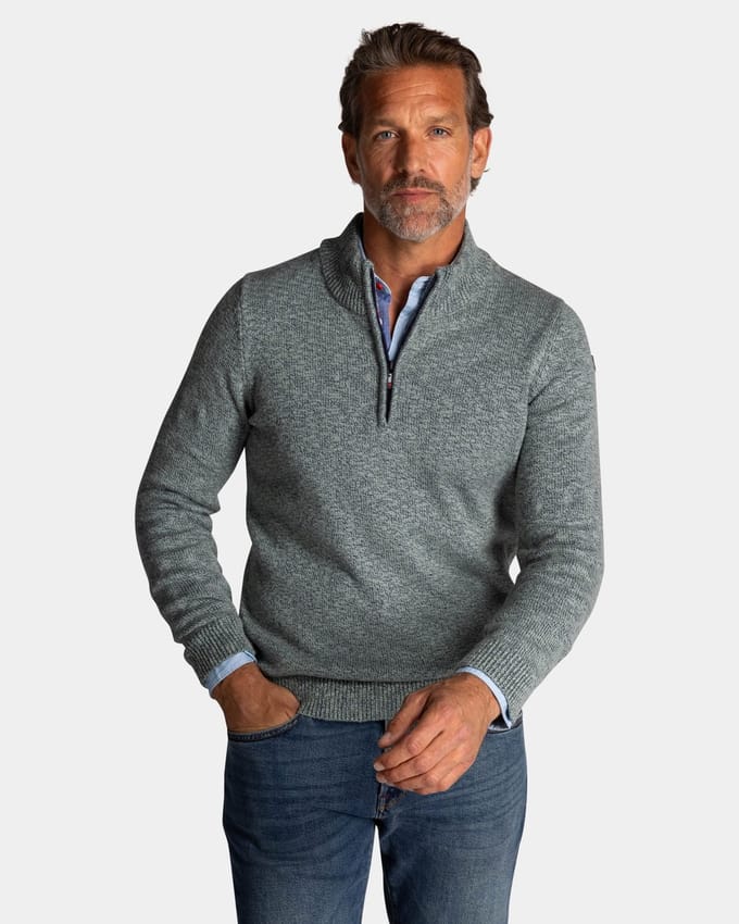 katoenen NZA trui half zip groen gemêleerd gebreid