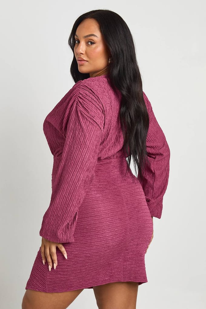 boohoo Dames Plus Gerimpelde Getextureerde Geplooide Lange Mouw Mini-jurk | Berry | Maat: 26