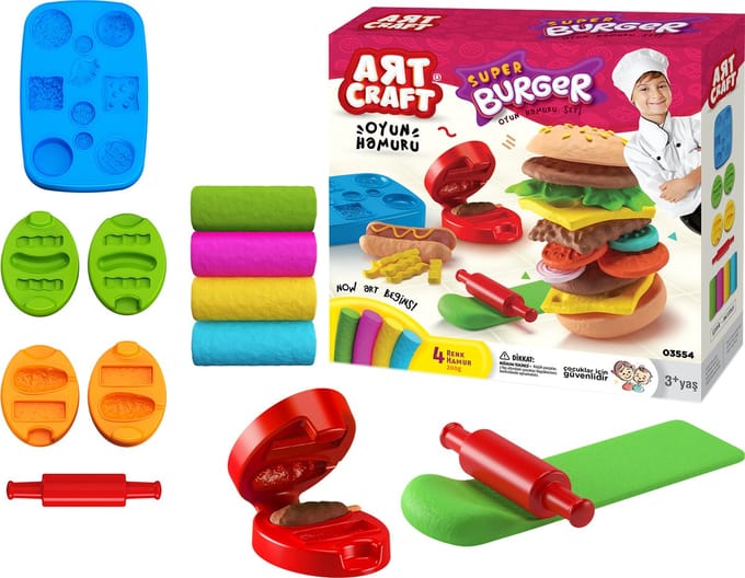 ART CRAFT- Klei Set- Burger Klei Set- HAMBURGER DOUGH SET -200gr Klei Set +8 Accessoires