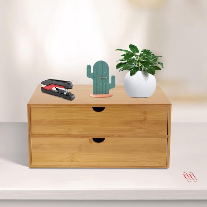 Ladebox bamboe - Bureau organizer - Bureau opruimen - Twee laden - 33 x 19 x 16 cm - Houtkleur