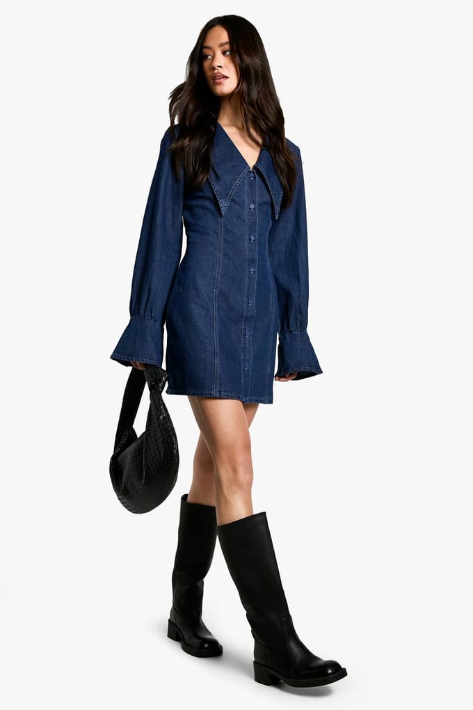 boohoo Dames Tall Collar Detail Denim Shift Dress | Blue | Maat: 6