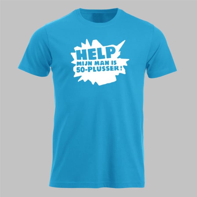 Help! Mijn man is 50-plusser - Tshirt Tuquoise Blauw - Maat L - 50 jaar - Abraham - Feest