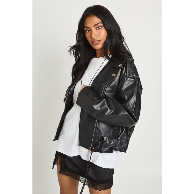 boohoo Dames Bikerjack met bontvoering | Black | Maat: 8