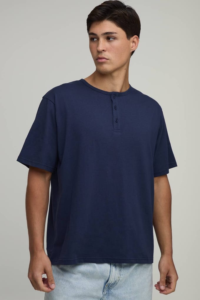Basic Henley T-shirt Met Relaxed Fit | Navy | Size XS
