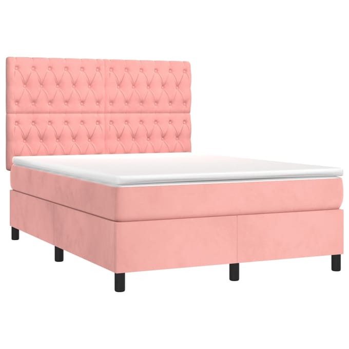 vidaXL - Boxspring - met - matras - en - LED - fluweel - roze - 140x200 - cm