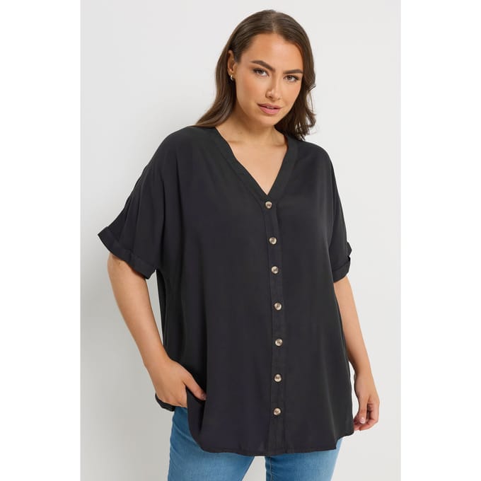 Yours Zwarte Chambray Blouse Met Knoopsluiting Size 44