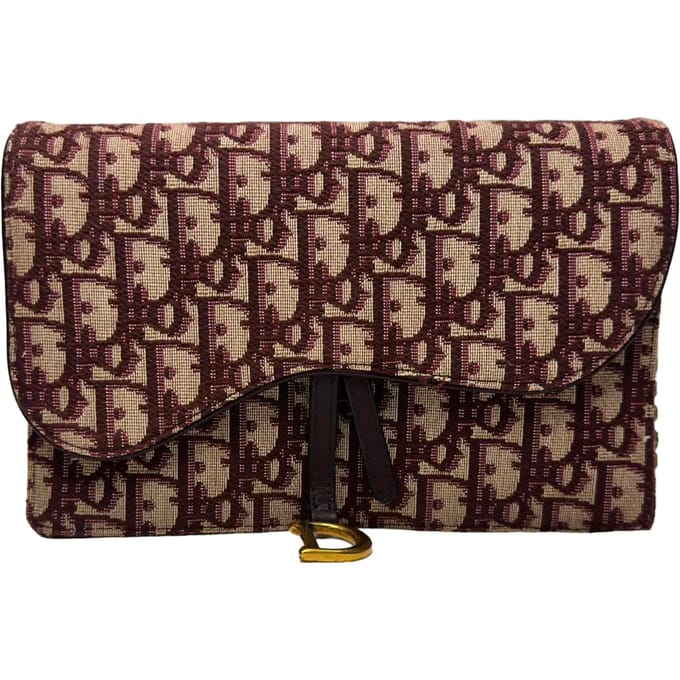 Dior Saddle Oblique portemonnee met ketting in bordeauxrood canvas