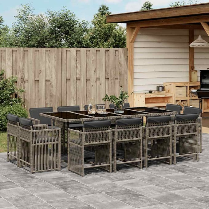 vidaXL - 13-delige - Tuinset - met - kussens - poly - rattan - grijs