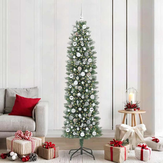 vidaXL Kunstmatige slanke kerstboom Groen en Wit 210 cm