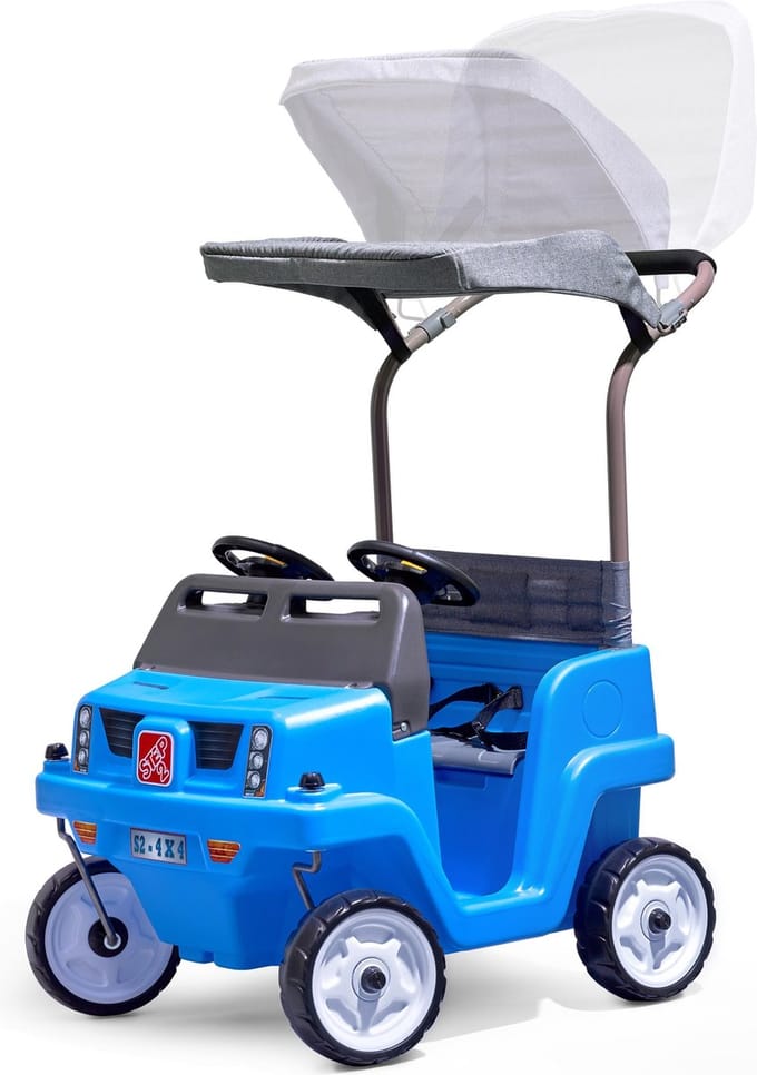 Step2 looppauto Side-By-Side Push Around SUV in Blauw - Duwauto voor 2 kinderen - Luifel voor schaduw - Loopauto met duwstang & luifel - Voor kinderen vanaf 2 jaar