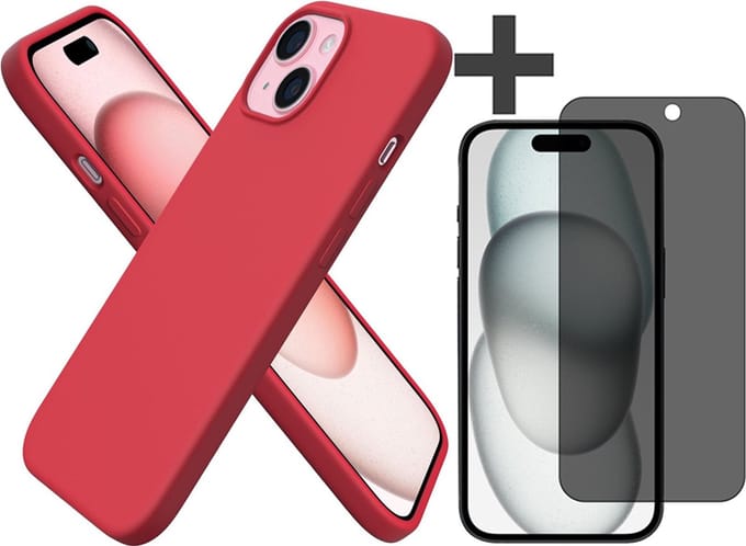 Hoesje met Privacy Screenprotector Geschikt voor iPhone 15 Hoesje Siliconen - liquid case - Arara Backcover - Rood