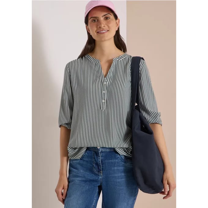 Blouse met 3/4-mouwen, split in de hals en strepen