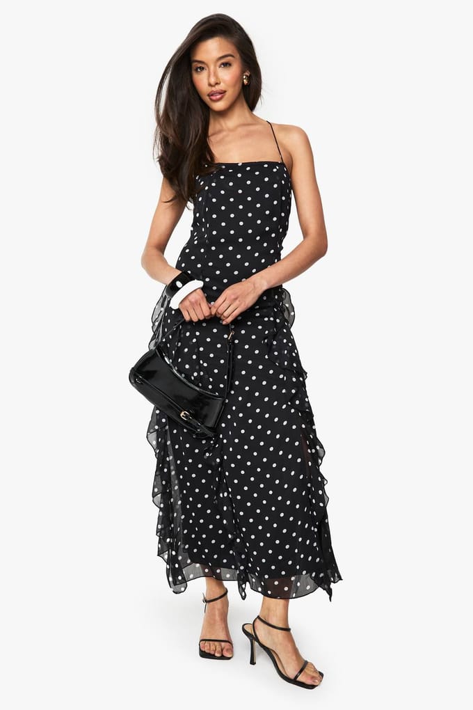 boohoo Dames Polkadot Crinkle Midaxi Jurk | Black | Maat: 16