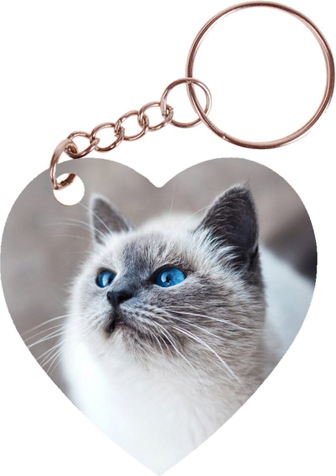 Sleutelhanger hartje 5x5cm - Poes Licht met Blauwe Ogen