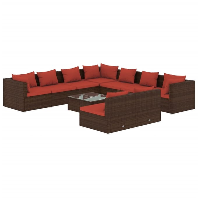 vidaXL - 10-delige - Loungeset - met - kussens - poly - rattan - bruin