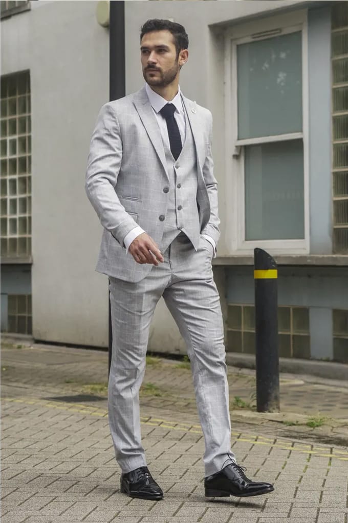 Heren Grijze Geruite 3-delige Pak Slim Fit