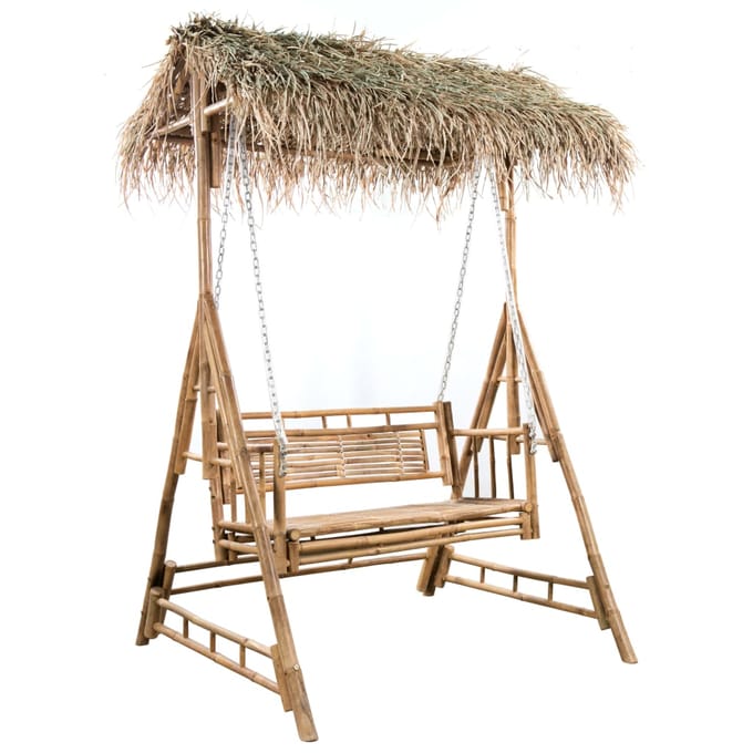 vidaXL - Schommelbank - 2-zits - met - palmbladeren - en - kussen - 202 - cm - bamboe